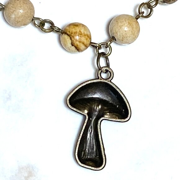 Genuine Yellow Picture Jasper Short Necklace, Bronze Slim Mushroom + Gemstone - Picture 5 of 15